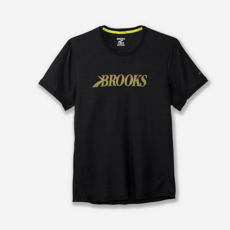 Brooks Distance Graphic Mens Short Sleeve Running Shirt - Black/GreenYellow/Flying B - Philippines (